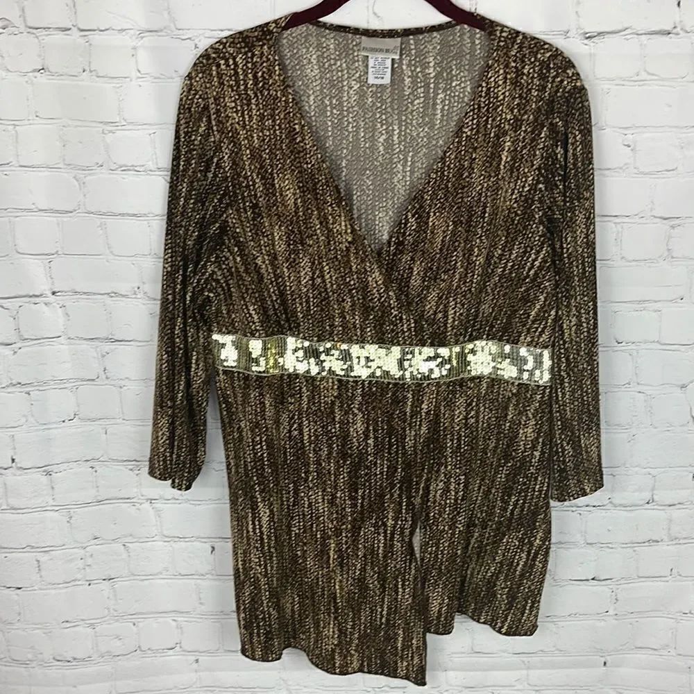Fashion Bug 3/4 sleeve Brown Blouse with Gold Sequin Band Size 14/16